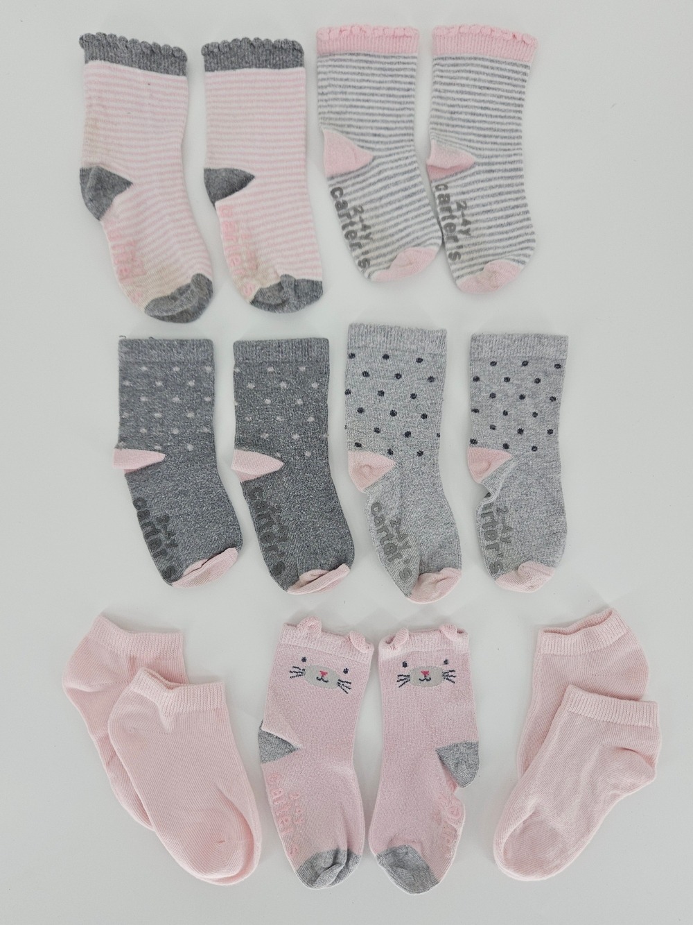 5/$25 Carter's Girls Socks Pink Gray Cat Polka Dot Size 2-4 Years 7 Pairs